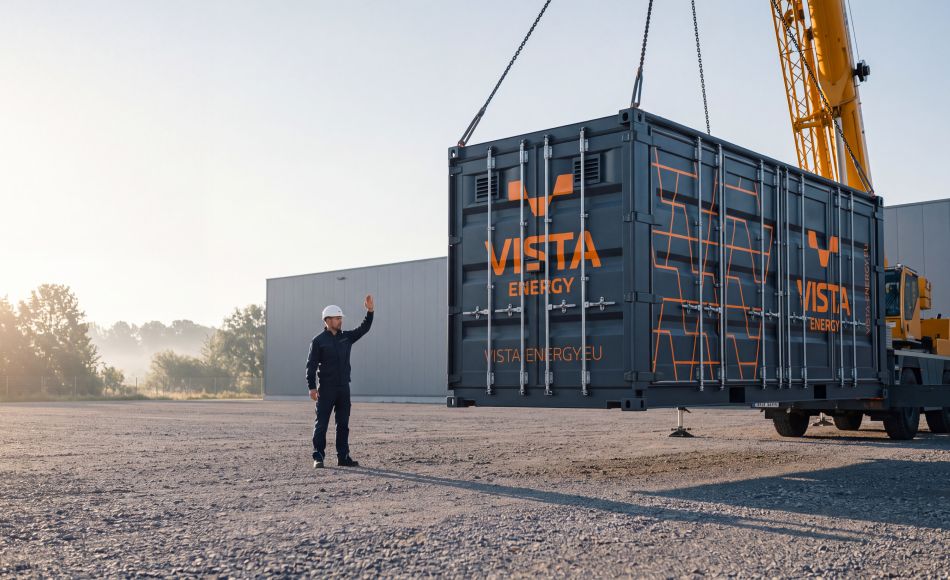 Zwei Monteure fahren die Solarmodulrahmen eines Containers auf den Führungsschienen aus