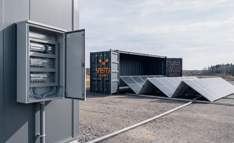Solarcontainer von VISTA energy im Betrieb neben einem Betriebsgebäude