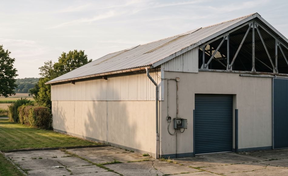 Ältere Industriehalle mit Wellblechdach und sichtbarer Dachkonstruktion