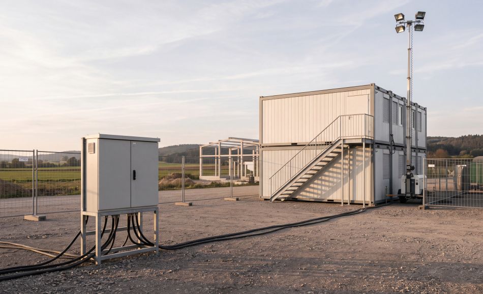 Baustelle mit Baucontainercluster, Beleuchtungsmast und Stromverteiler