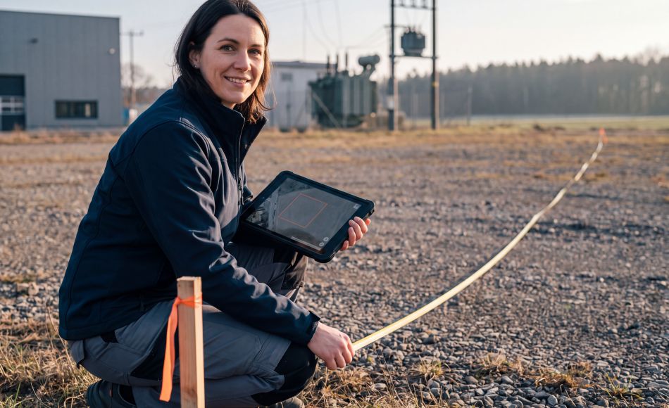 Standortprüfung auf einer Freifläche mit Tablet und Flächenskizze
